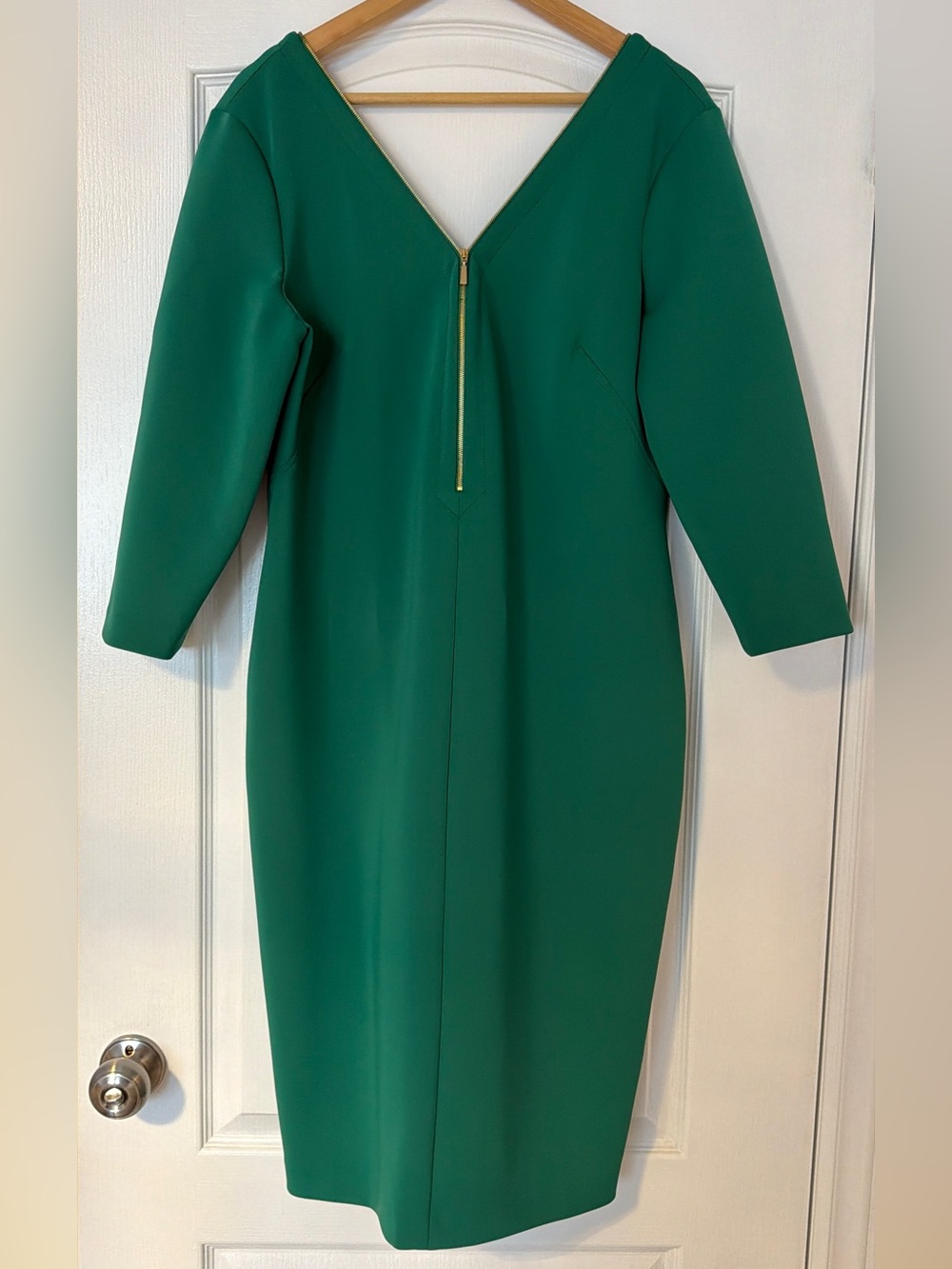 Calvin Klein Emerald Green V-Neck Exposed Zipper Sheath Dress Size 14